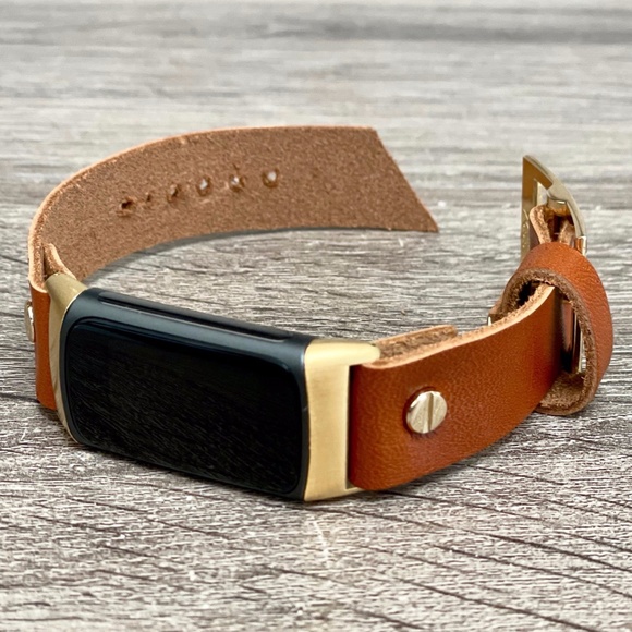 Bronze Brown Leather Gold Fitbit Charge 5 Band Women Strap Bracelet - Picture 6 of 8